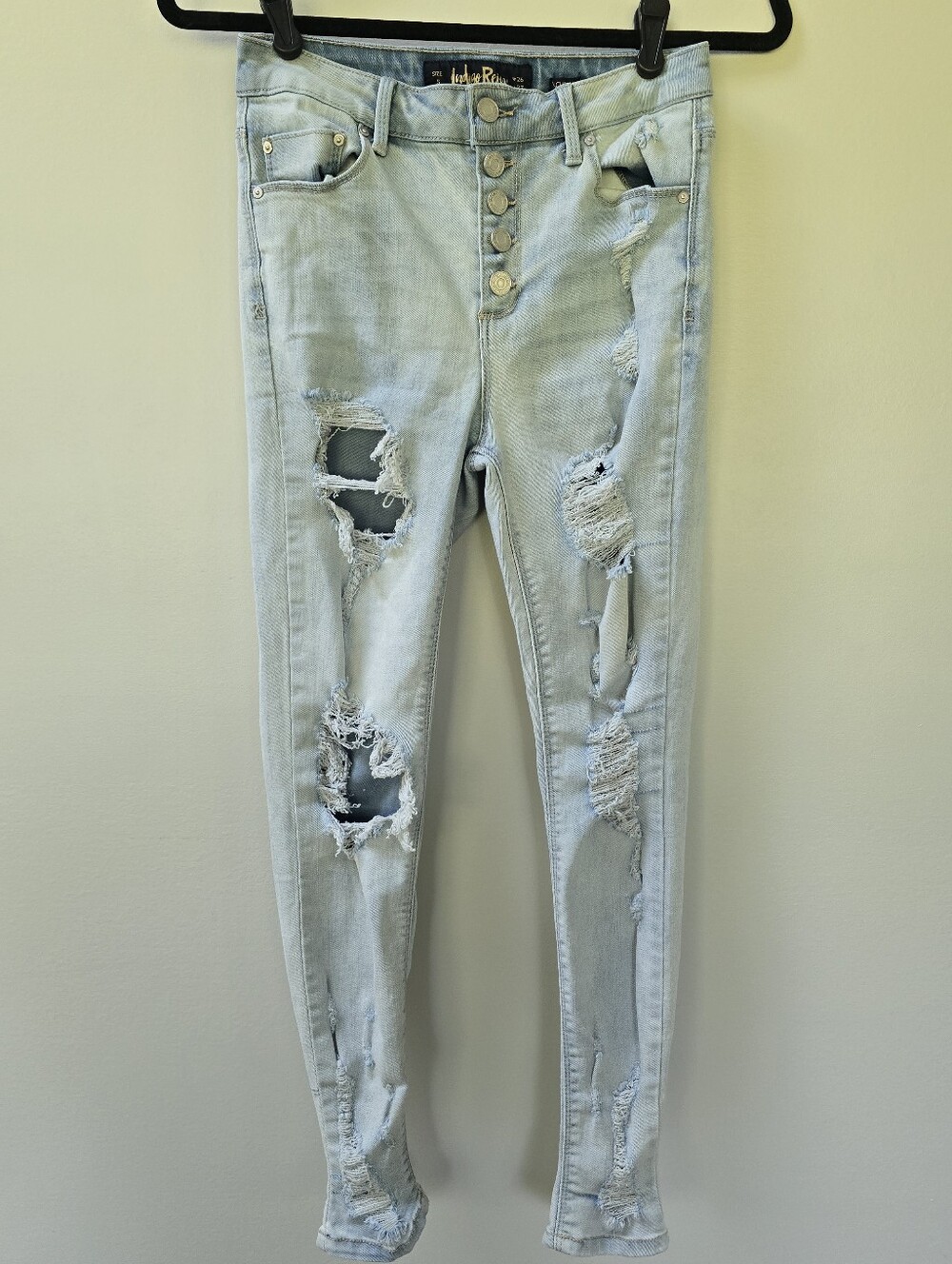 Indigo Rein Light Blue Distressed Button-Fly Skinny Jeans - Picture 1 of 4
